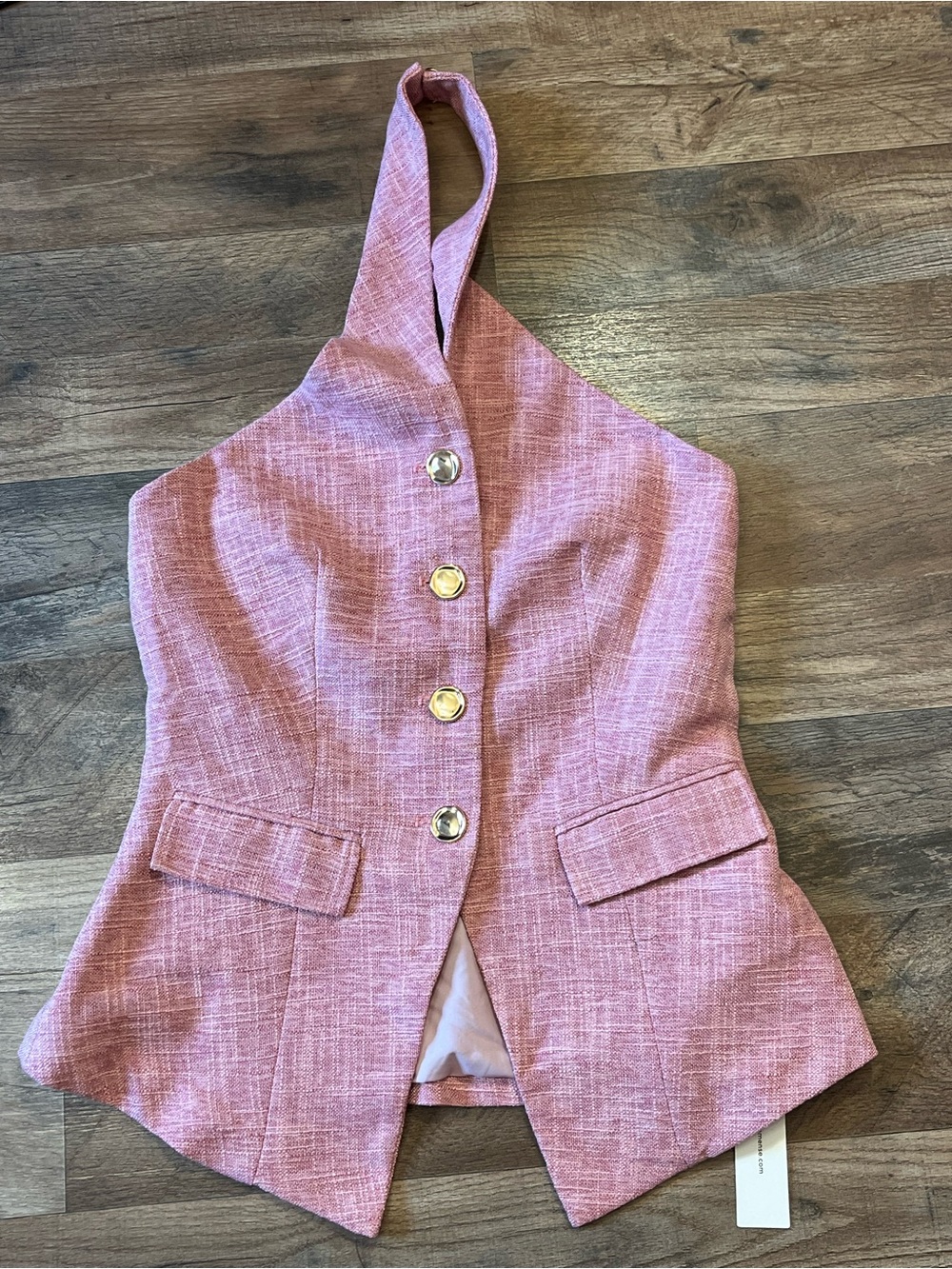 Commense Pink Textured Halter Top With Gold Buttons